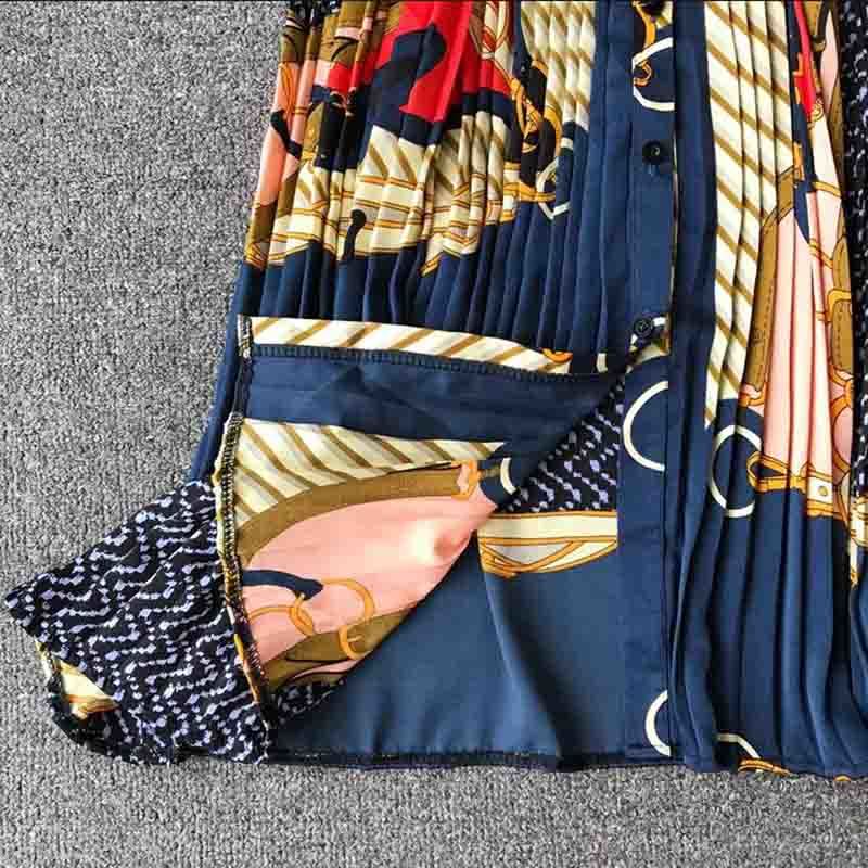 Spring Chiffon Dress Long Sleeve Loose Print Pleated Dress Women Fashion Stand Single-breasted Plus Size Mini Dresses 210521