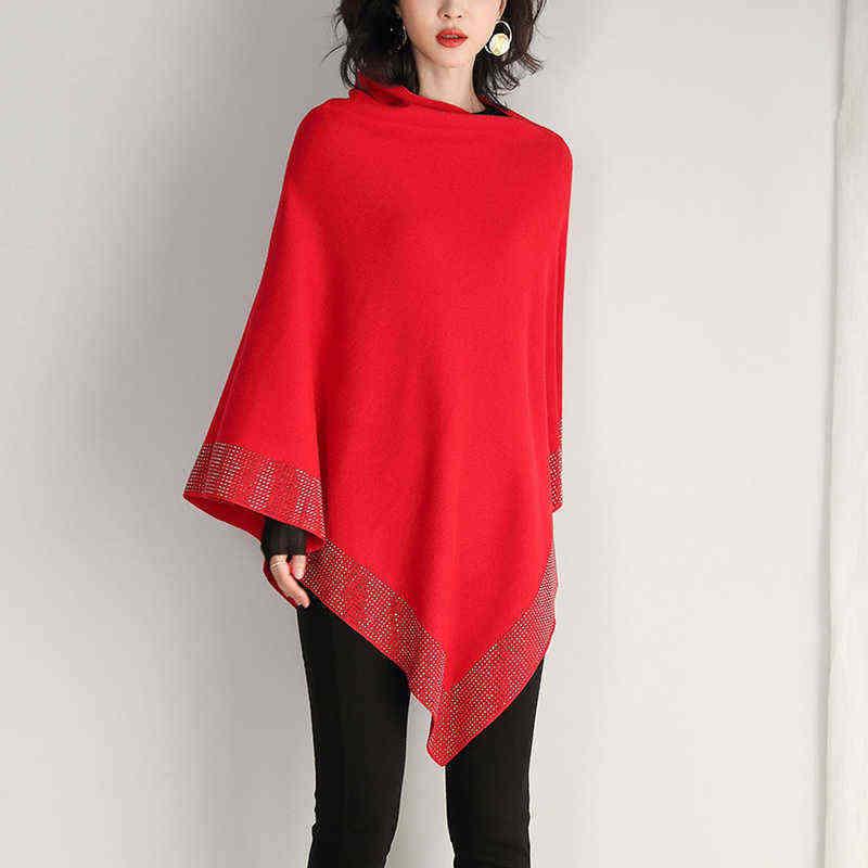 ZJZLL 2021 New Autumn Fashion Winter Diamonds Knit Wool Shawl Cloak Loose Plus Size Solid Woman Poncho Cape Pullover Sweater H1123