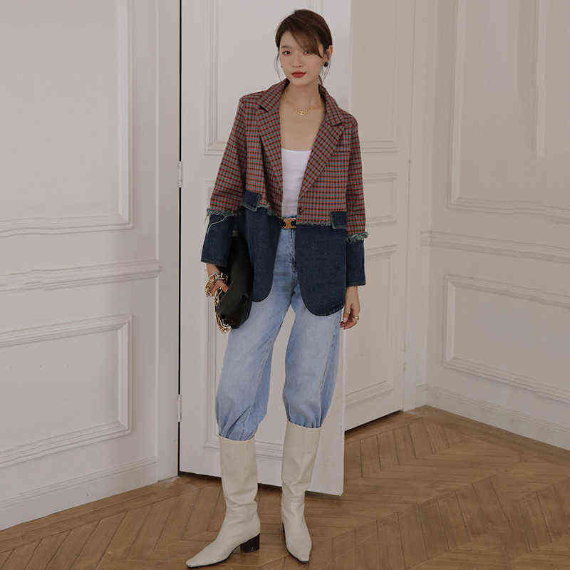 [EAM] Women Plaid Denim Split Big Size Blazer Lapel Long Sleeve Loose Fit Jacket Fashion Spring Autumn 1DC811 211122