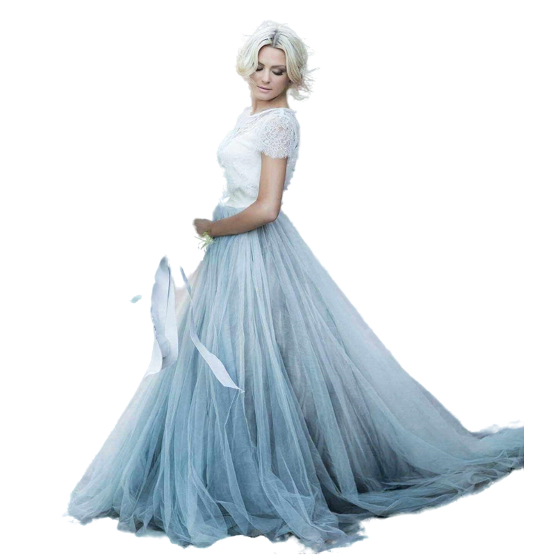 Beach Boho Tulle Wedding Dresses Bridal Gowns 2022 Two Pieces Fairy A Line Cap Sleeves Backless Plus Size Bohemian Bride Dress Custom Made Vestidos De