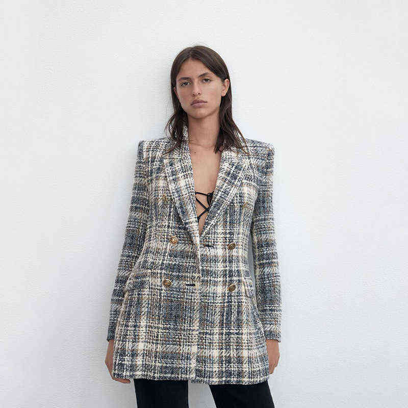 autumn and winter casual plaid double-breasted texture with shoulder pads suit jacket women 211104