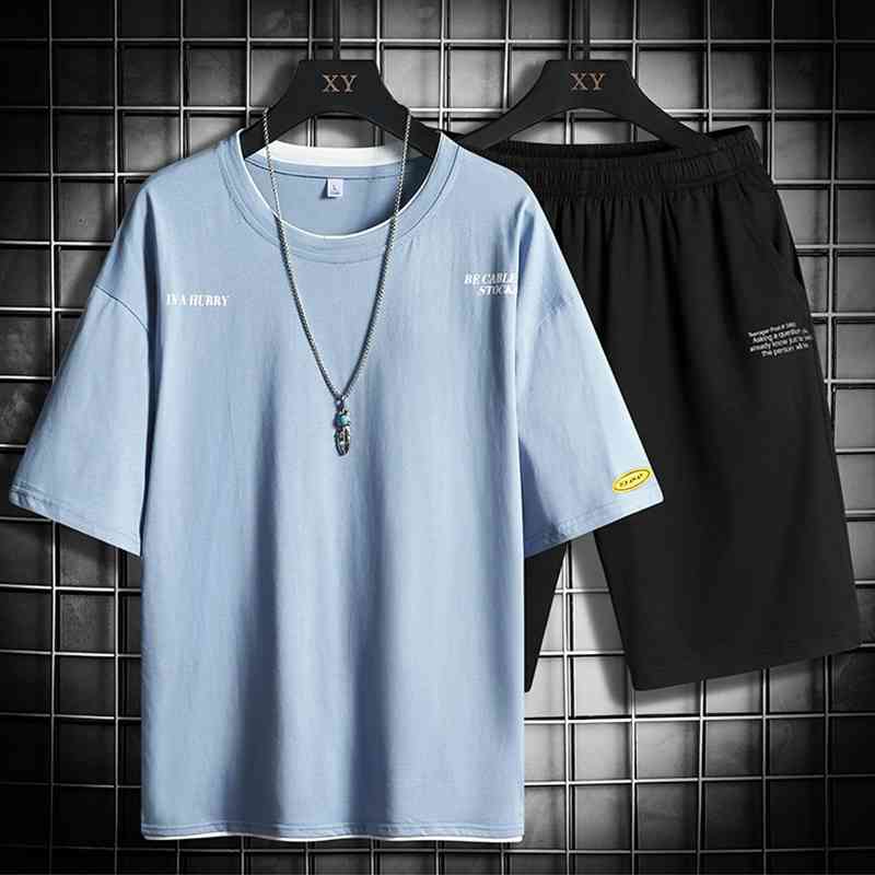 Men's Tracksuit Sets Summer Print Harajuku Solid Short T -Shirts+Shorts Fashion Sports Suit Male Streetwear 2 Piece Outfit 210603