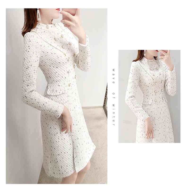 Arrival Autumn Winter Women Elegant Tweed Double Breasted Stand Collar Long Sleeve Female Fashion Chic Dresses Vestidos 210519