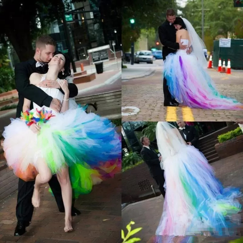 Puffy A-Line Rainbow Wedding Dresses Colorful Tulle Bridal Gowns Halter Backless High Low Halter Boho Beach Bride Dress Back Lace-up Plus Size Corset 
