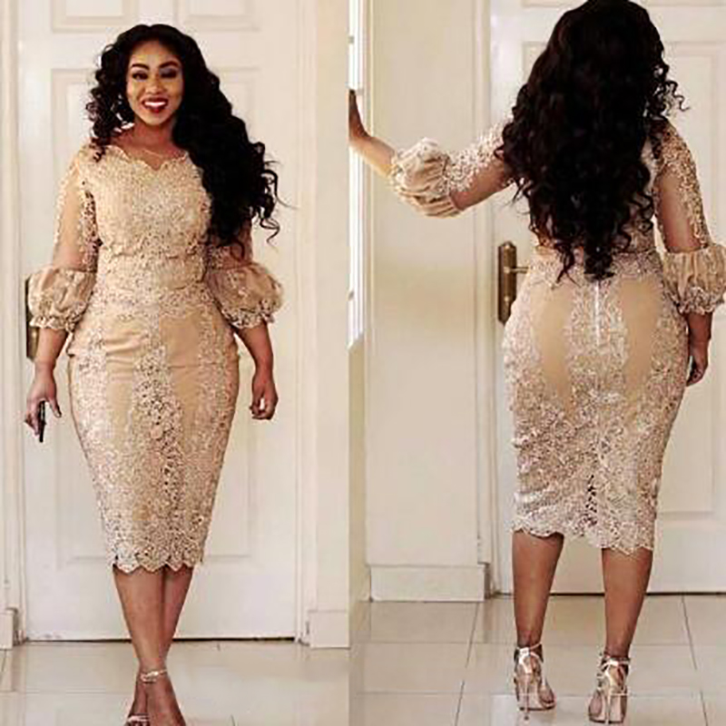 Champagne Lace Short Mother of the Bride Dresses Plus Size 2022 Tea Length 3/4 Long Sleeve Sheath Mother of Groom Gowns M02
