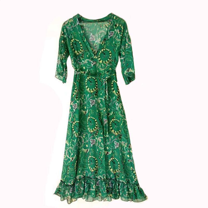 Women Dress V Neck Seven Sleeve Floral Printed Maxi es Temperament High Waist Long Vintage es Autumn 210513