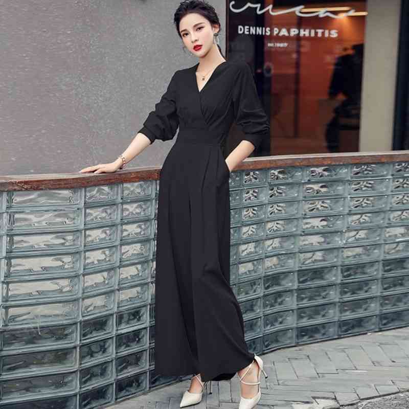 Spring Women Fashion Office OL Vintage V Neck Long Sleeve Female Solid High Waist Wide Leg Jumpsuits Rompers 210519