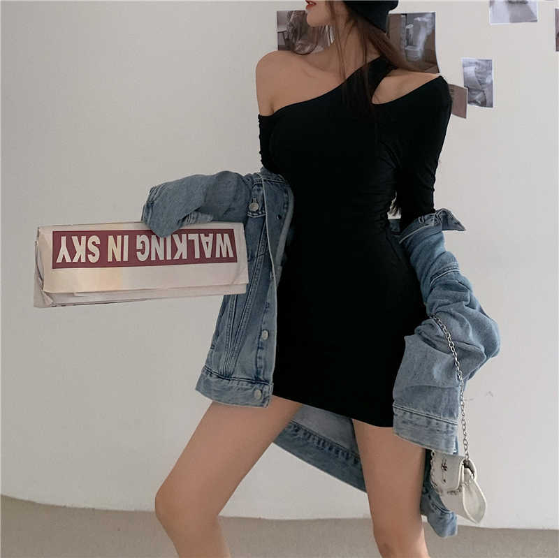 Strapless Long Sleeve Mini Sexy Women Dress Korean Slim Thin One-Shoulder Hollow Out Dresses Cotton NZ8Z 210603