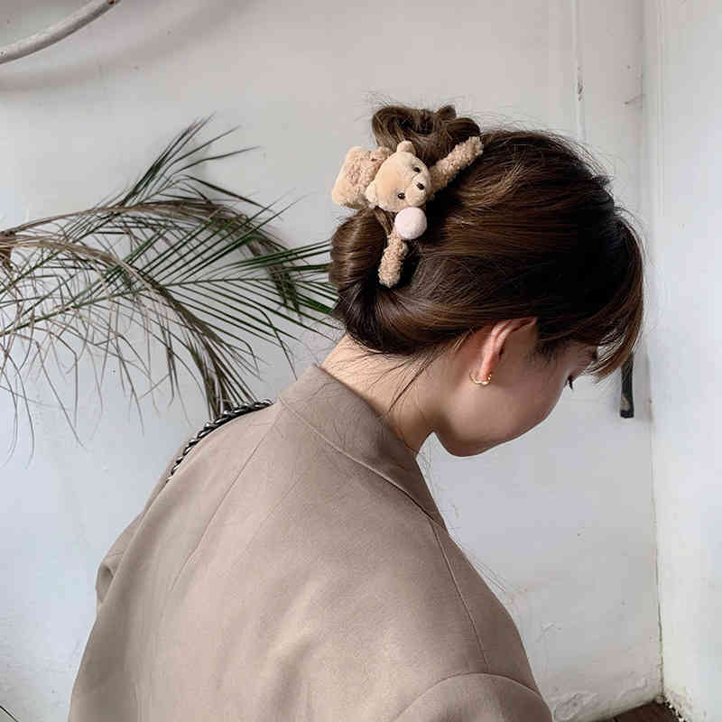 Hair Accessories Jewelry Milk Tea Color Plush Bear Curling Clip Female South Korea Autumn and Winter Back of Head Net Red Shark