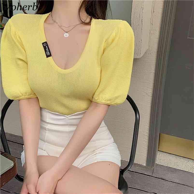 Summer Sunscreen Knitted Pullover Knitwear Women Short Puff Sleeve U Neck Tops Korean Sexy Fashion Jumpers Femme 210519, Lemon yellow
Summer Sunscreen Knitted Pullover Knitwear Women Short Puff Sleeve U Neck Tops Korean Sexy Fashion Jumpers Femme 210519, Lemon yellow