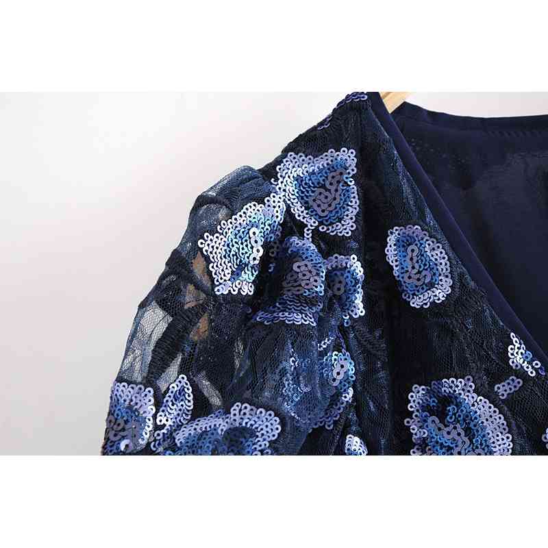 Retro Women Navy blue Beading Sequins Mesh Dress Sexy Lantern Long sleeve Hollow Out Backless Short Party Dresses 210429