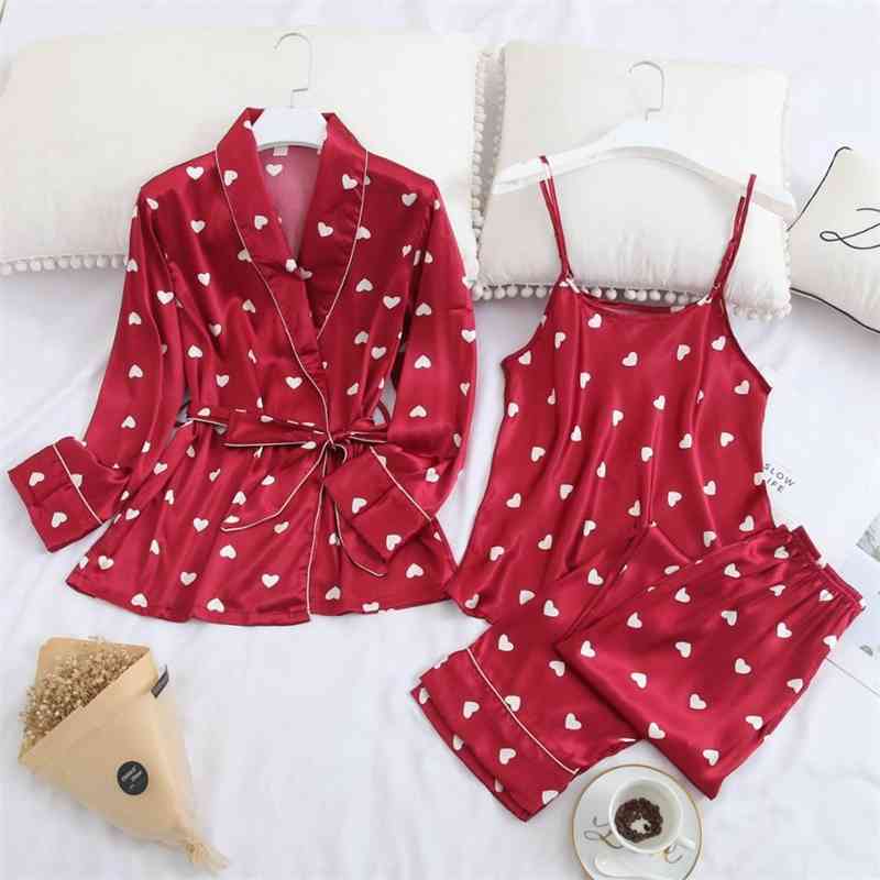 Elegant Dot Print Satin Shirt Camis Pajama Suits Elastic Full length Pants Women Loose Long Sleeve Blouse Tops 3 Pieces Set 210429