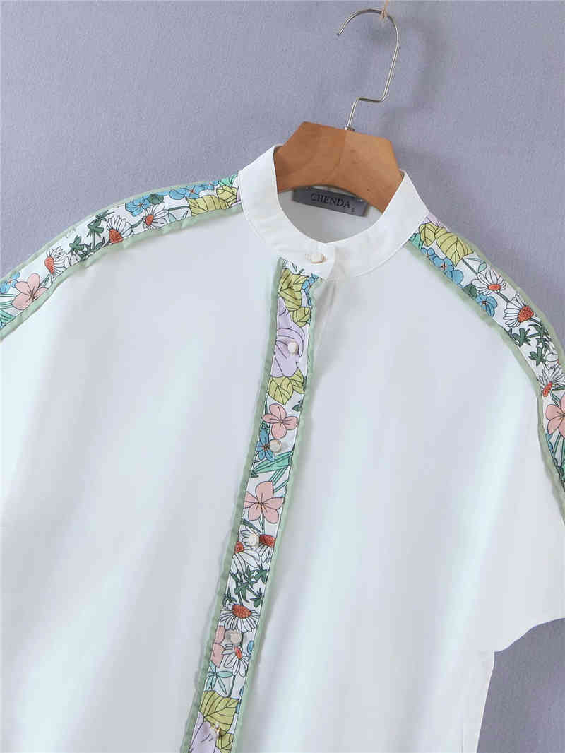 Sweet Women Floral Print Striped Shirts Fashion Ladies O-Neck Chiffon Tops Elegant Female Chic Patchwork Blouses 210430