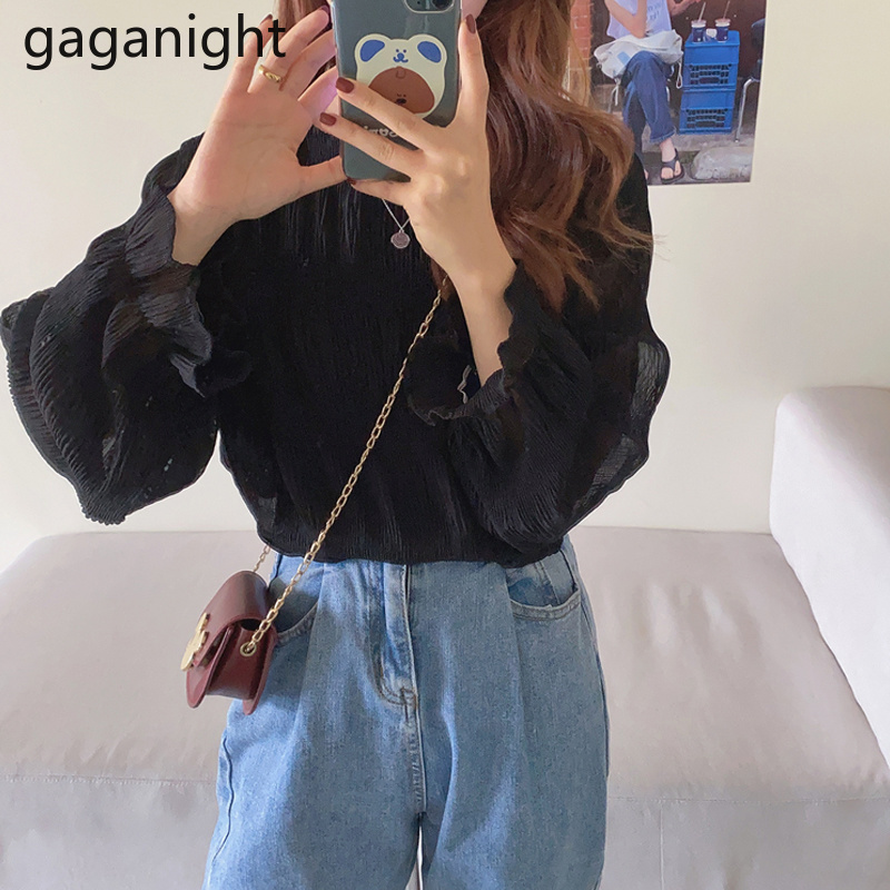 Gaganight Fashion Women Chiffon Blouse Solid Office Lady Long Sleeve Shirt Slim Korean Blusas Sweet Girl Blouses Chic Korean New 210317