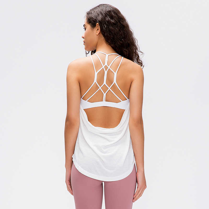 NWT 2 In 1 FLY Crisscross Yoga Gym Tank Tops+Inside Bra Women Loose Fit Soft Workout Fiess Vest T200628