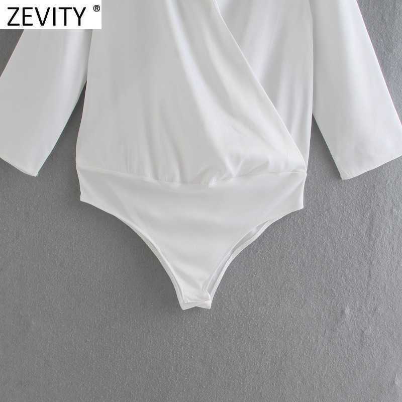 Zevity Women Vintage Cross V neck Soft Satin Bodysuits Office Ladies Office Wear Patchwork Siamese Chic Slim Rompers DS8211 210603