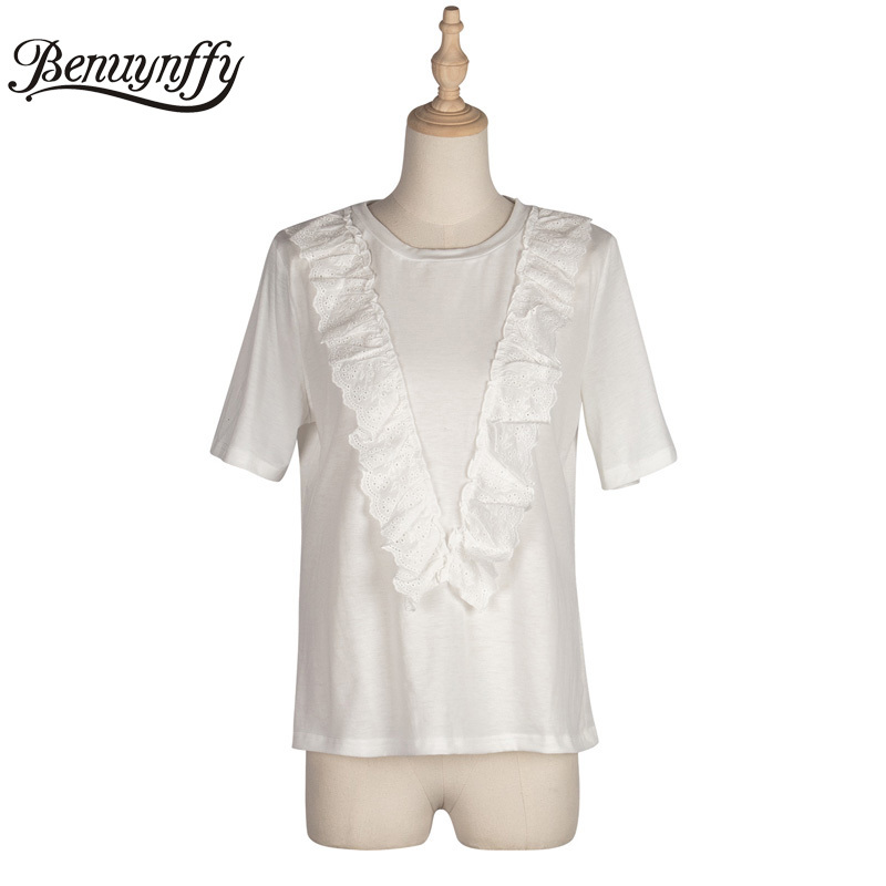 Beige Ruffle Trim Summer Top Blouse Women Solid O-Neck Short Sleeved Ladies Casual Womens Tops And Blouses 210510