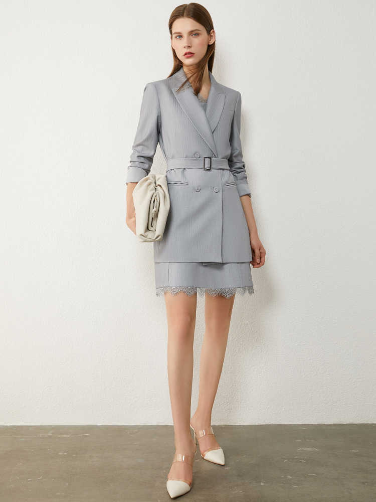 Minimalism Autumn Winter Suit For Women Fashion OLstyle Lace Spliced Mini Skirt Lapel Single-breasted Blazer 12040379 210527