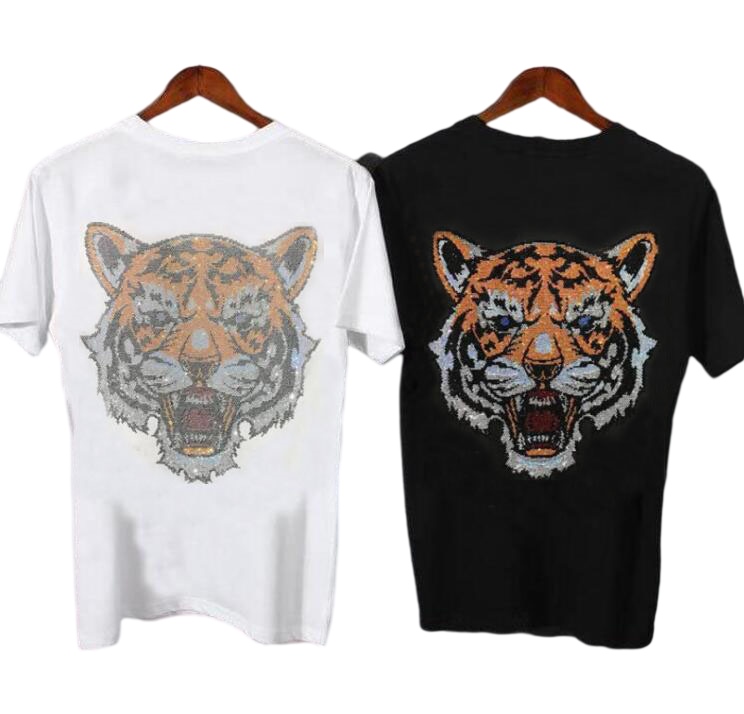 Men Shirt short-Sleeved for man black white Hot drill men's T-shirts Sequins fashion tiger pattern cool, As shown
Men Shirt short-Sleeved for man black white Hot drill men's T-shirts Sequins fashion tiger pattern cool, As shown