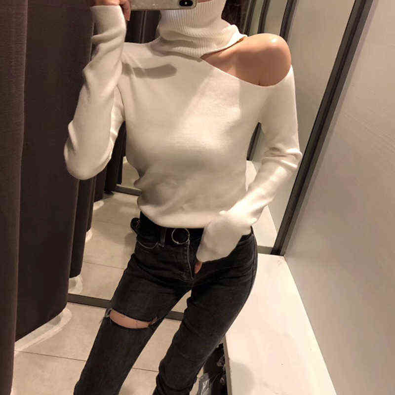 Knitted Sweater Off Shoulder Pullovers Sweater for Women Long Sleeve Turtleneck Female Jumper Black White Sexy Clothing 211109