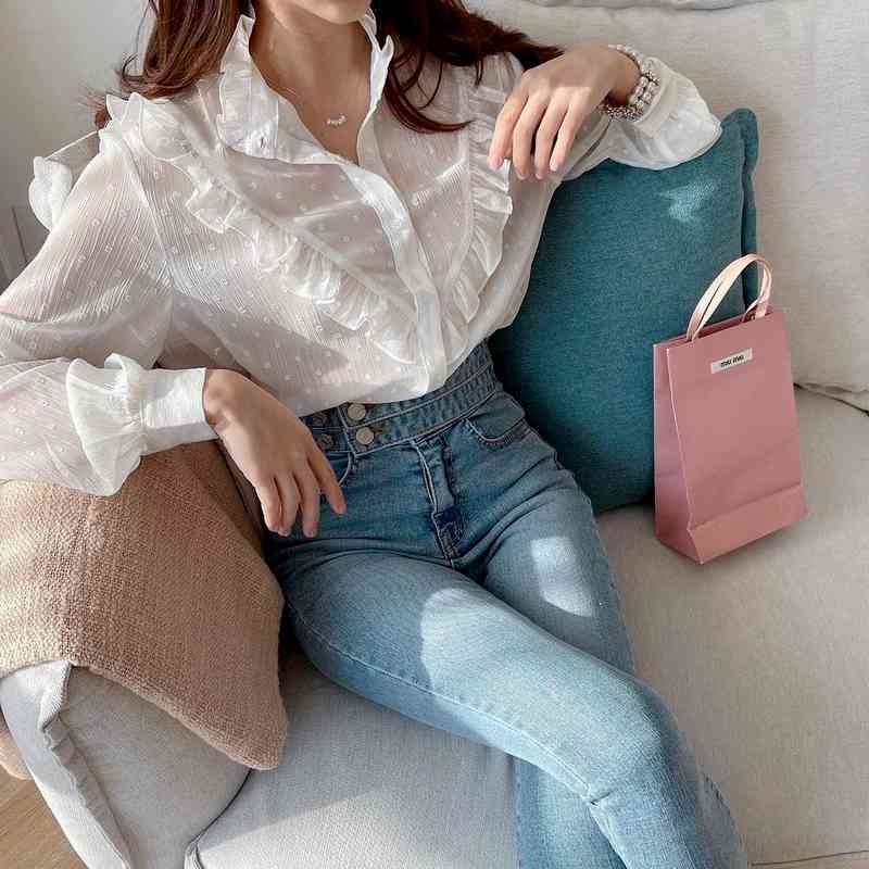 Women Long Sleeve Shirt Spring Ruffled Chiffon Blouse Vintage See Through Single Breasted Ropa De Mujer 13575 210427