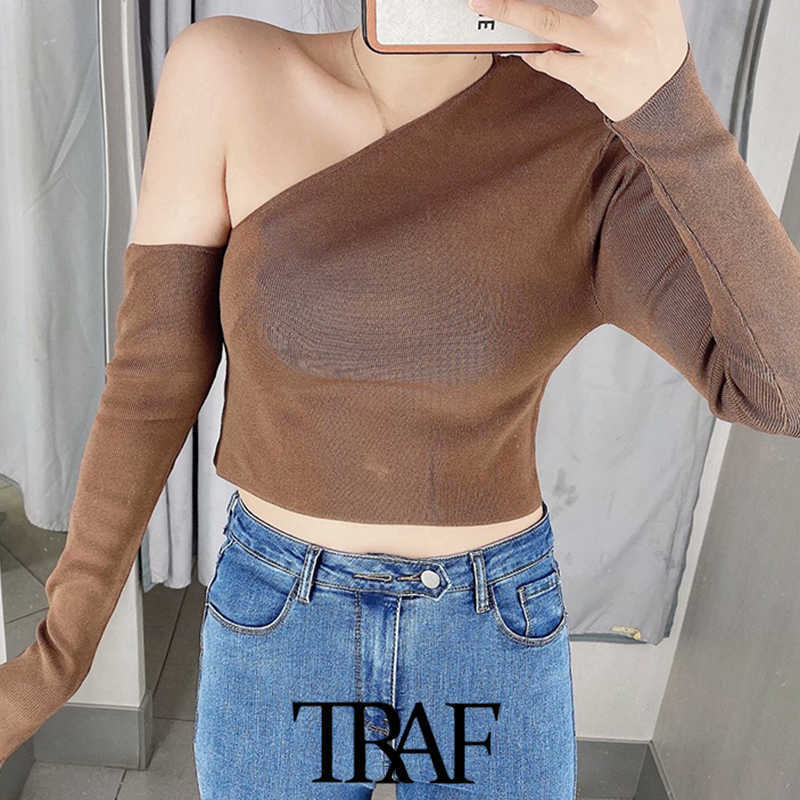 TRAF Women Fashion Hollow Out Cropped Knitted Sweater Vintage Asymmetric Neck Long Sleeve Female Pullovers Chic Tops 211007