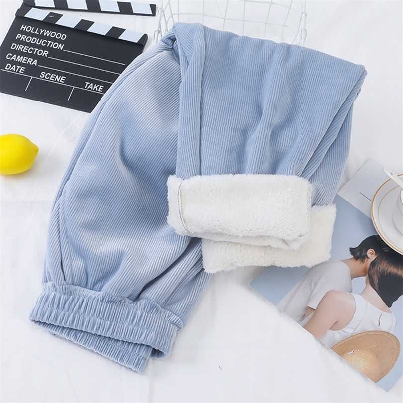 Women Corduroy Thick Pants Autumn Winter Casual Solid Fleece Inside Elastic Waist Harem AnkleLength Warm Trousers 211124Z