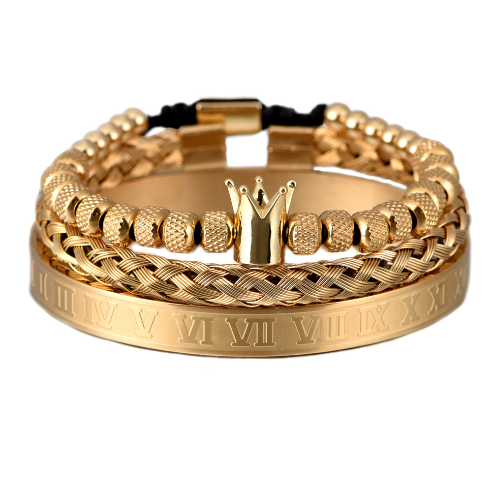 3pcs/set Luxury Roman Royal Crown Charm Bracelet Men Stainless Steel Geometry Pulseiras Open Adjustable Bracelets Couple Jewelry Gift
