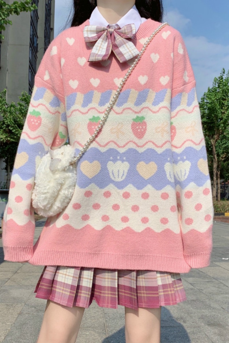 Harajuku Fashion Cute Cartoon Sweater Women Strawberry Jacquard Pattern Kawaii Pink Knitted Autumn Winter Jumper 210519