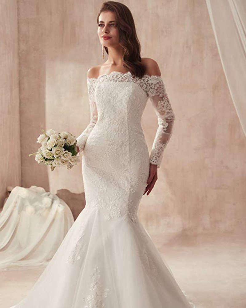 Elegant Ivory Mermaid Wedding Dresses Bateau Neck Bride Dress Off Shoulder Lace Long Sleeves Tulle Bridal Gowns Custom Made Back Lace-up Plus Size rob