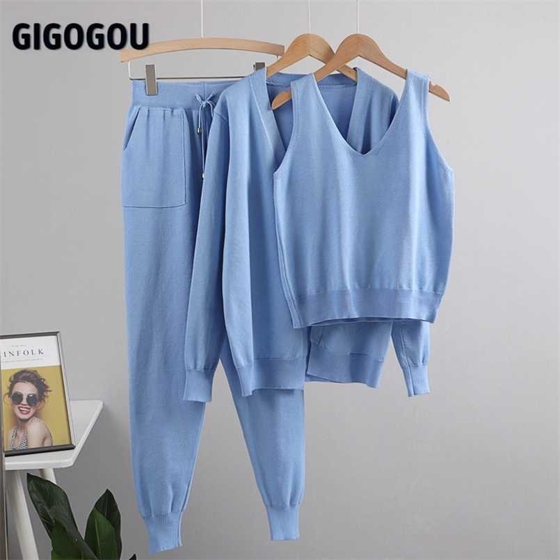 GIGOGOU Women Tracksuits Chic 3 Piece Set Costume Knitted Solid Lounge Suit Cardigan Sweater + Jogger Pants+ Sleeveless Tank Top 211019, Blue 
GIGOGOU Women Tracksuits Chic 3 Piece Set Costume Knitted Solid Lounge Suit Cardigan Sweater + Jogger Pants+ Sleeveless Tank Top 211019, Blue