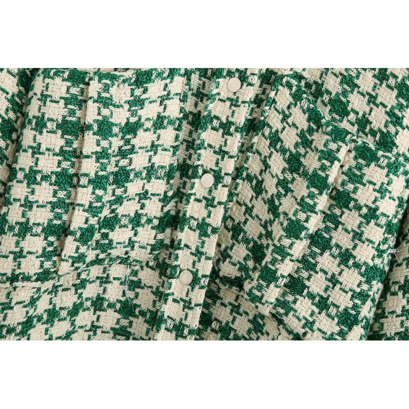 BBWM Stylish Chic Pockets Green Plaid Tweed Jackets Women Fashion Lapel Collar Side Vents Coat Female Chic Outerwear 210520