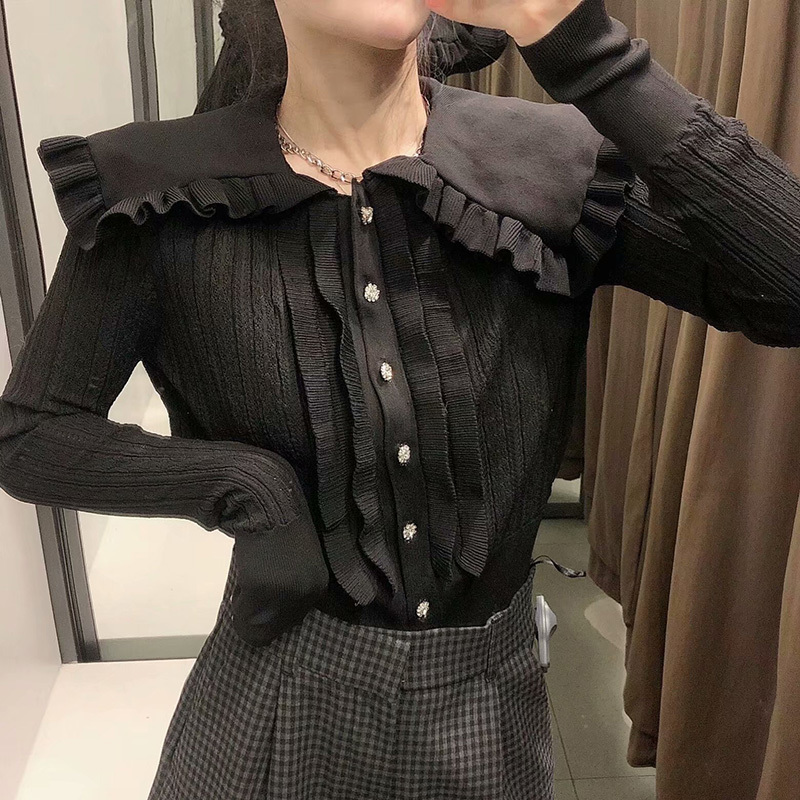 Women's Retro Jacquard Mesh Fabric Knitted Single-Breasted Shawl Lapel Laminated Decorative Solid Color Cardigan Jacket 210521