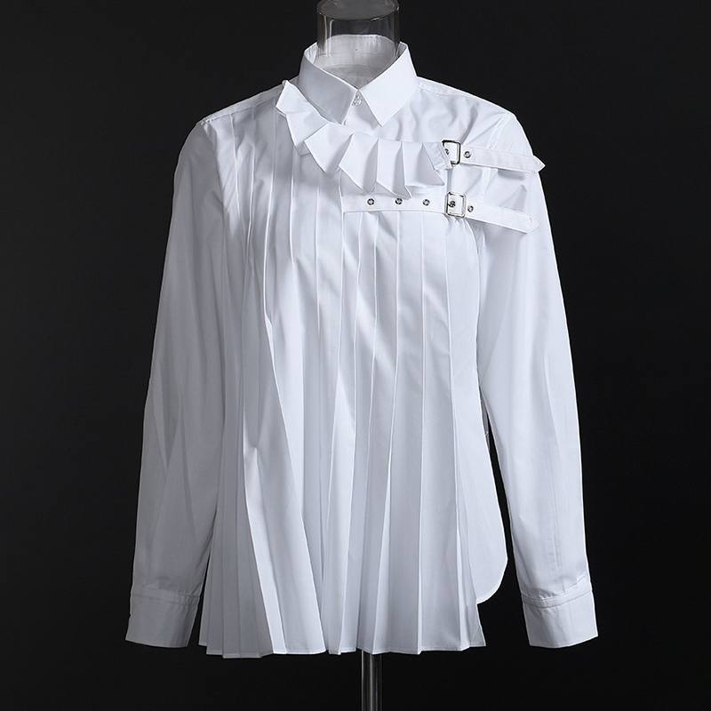 White Pleated Casual Shirt For Women Lapel Long Sleeve Patchwork Button Blouse Female Fashion Clothing Spring 210524