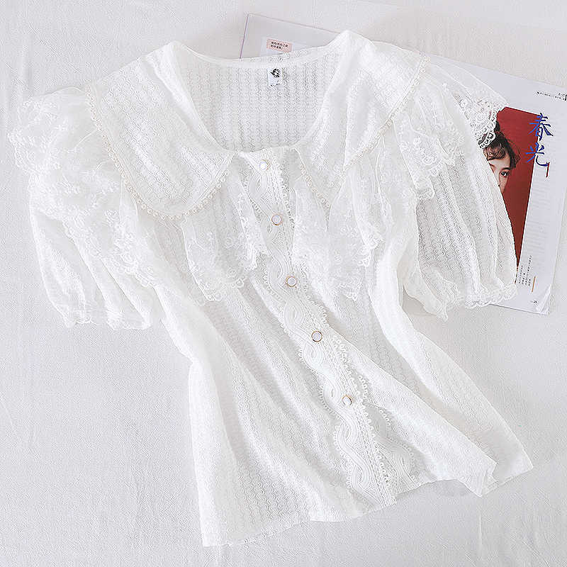 LY VAREY LIN Summer Women Sweet Single Breasted Lace Short Shirts Tops Casual Ruffled Sleeve Chiffon Office Lady Shirt 210526