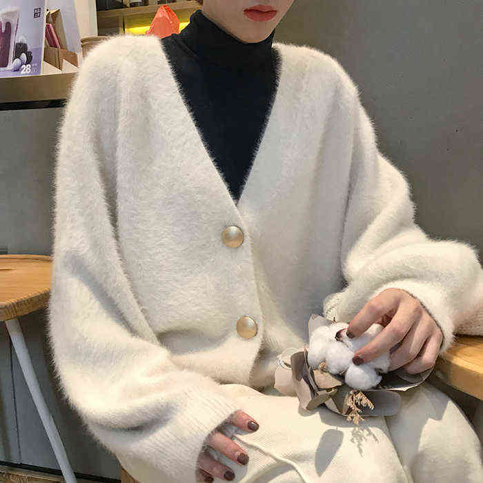 Autumn Winter Fashion Women Mink Cashmere Cardigan Sweater Female V-neck Knitted Long haired mink cashmere sweater 211117