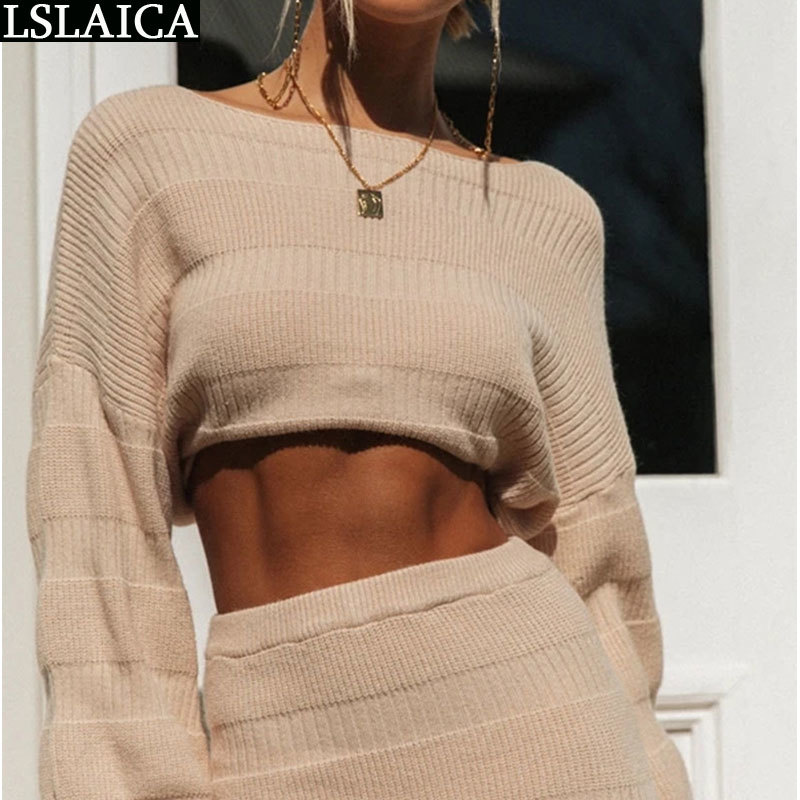 Women Sweater Set Knit Lantern Sleeve Short Tops High Waist Hem Split Bodycon Dress Vintage Two Piece Clothes 210515