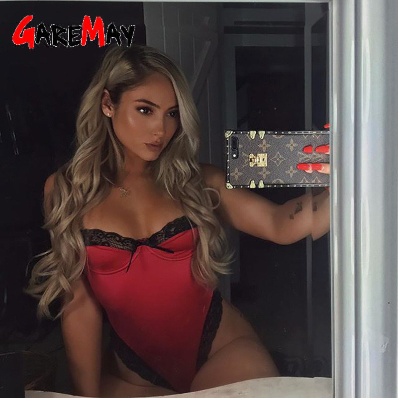 Lace Patchwork Satin Bodysuit Sexy Backless Jumpsuit Slim Women Tops One Piece Fashion Club Party Bodysuits Skinny 210428