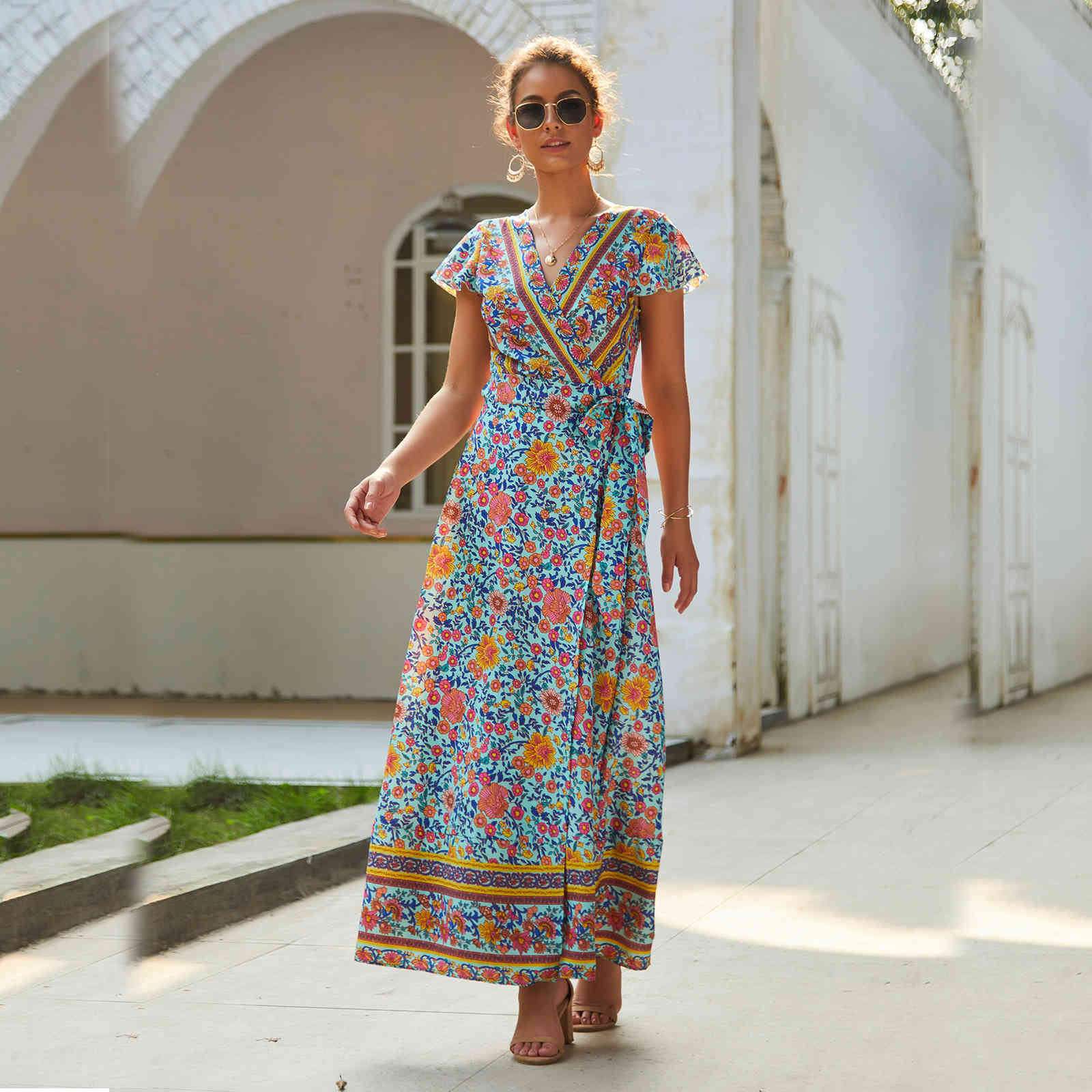 Bohe long dress Women Summer vintage V-Neck Printing Multi-colors Casual Women' Ankle-Length Dress Holidays beach chiffon 210524, Black 
Bohe long dress Women Summer vintage V-Neck Printing Multi-colors Casual Women' Ankle-Length Dress Holidays beach chiffon 210524, Black