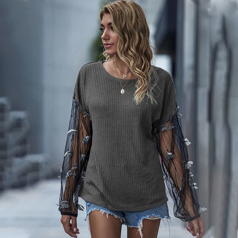 Black 3D Applique Mesh Sleeve Knit T-Shirt Women Autumn Winter O-Neck Long Casual T Shirt Tops Pullover Female 210510