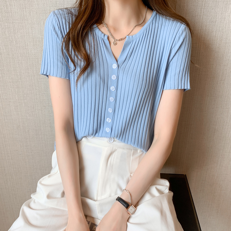 Summer Knitted V-neck Cardigan Knitwear Women Short Sleeve Single Breasted Tops Sweater Solid Korean Fashion Jumpers Femme 210514