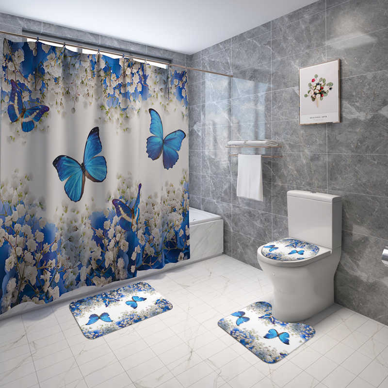 Blue Shower Curtain 4 Piece Carpet Cover Toilet Cover Bath Mat Pad Set Bathroom Curtain with 12 Hooks Home 210609