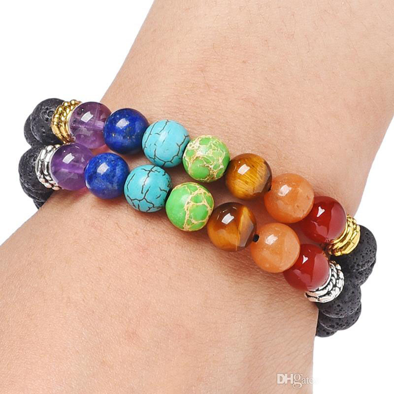 Men Women 8mm Lava Rock 7 Chakras Bracelet Aromatherapy Essential Oil Diffuser Bracelet Braided Rope Natural Stone Yoga Strand Beads Bracelets Bangle