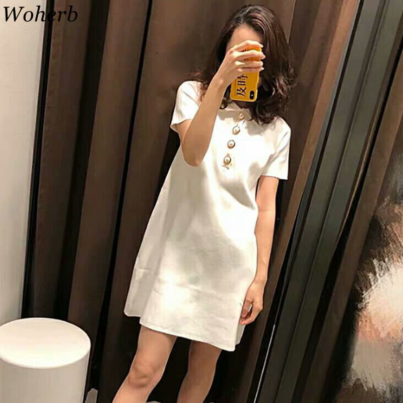 Knitted Single-breasted Shirt Vestidos Short Sleeve Summer Stretch Sexy Woman Dresses Office Lady Vintage Femme Robe 210519