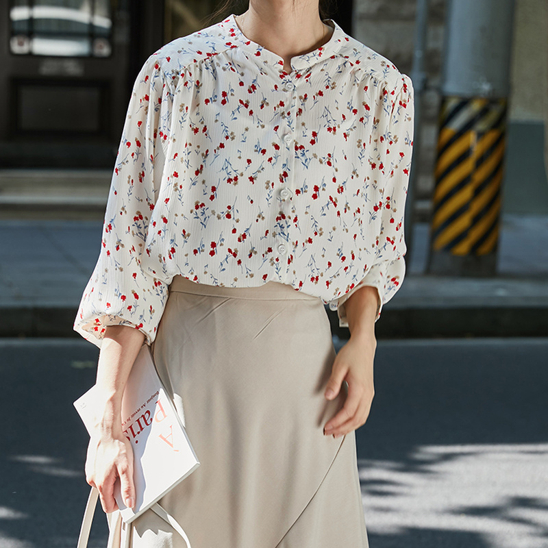 Cardigan Ladies Tops Autumn Floral Puff Sleeve Chiffon Shirts Women Office Loose Long Blouse blusas 10203 210506