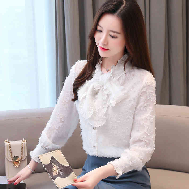 womens tops and blouses blusas mujer de moda ladies long sleeve bow Lace-up jacquard shirt chemisier femme 6760 50 210427