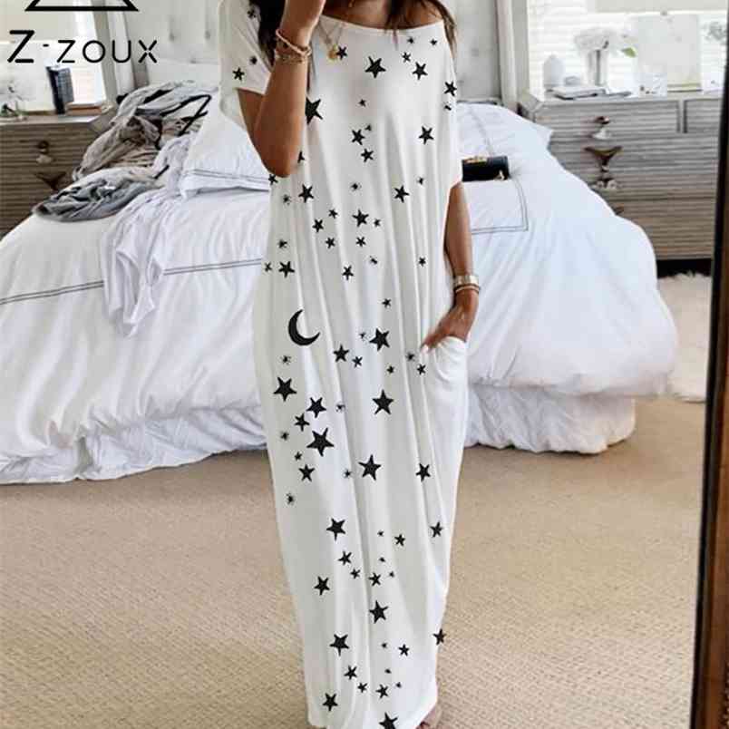 Women Dress Short Sleeve Printing Long Dresses Plus Size Pink White Black Summer Clothes 210513