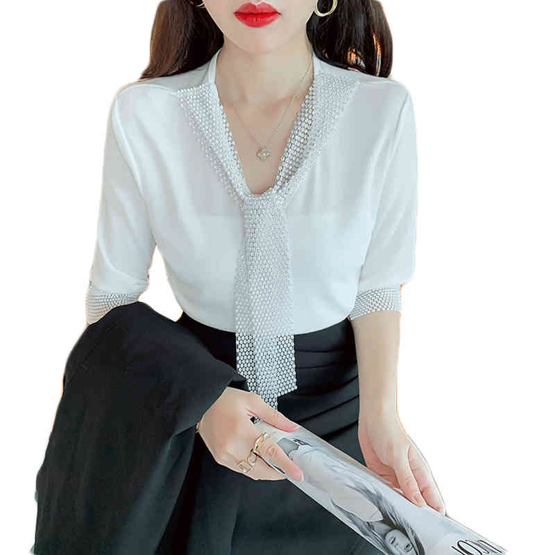 Korean Blouse Summer Womens Bright Diamond Tops And Blouses Office Lady Solid Color Sexy V-neck Long Sleeve Top 210515