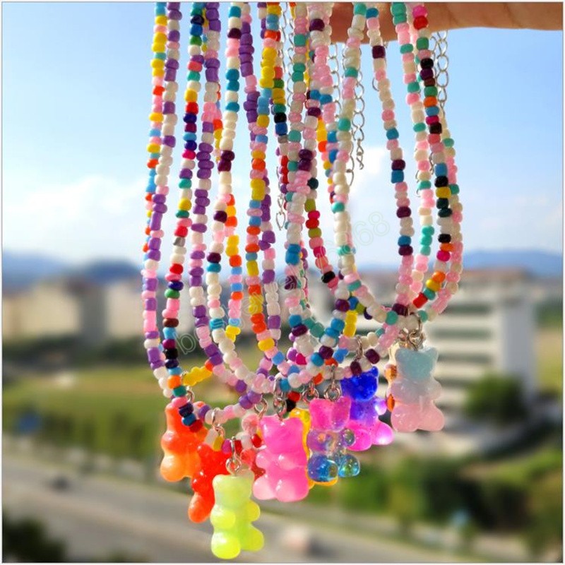 Bohemian Colorful Round Bead Necklace For Women Cute Gradient Rainbow Resin Bear Pendant Necklace Fashion Jewelry Girl Gifts