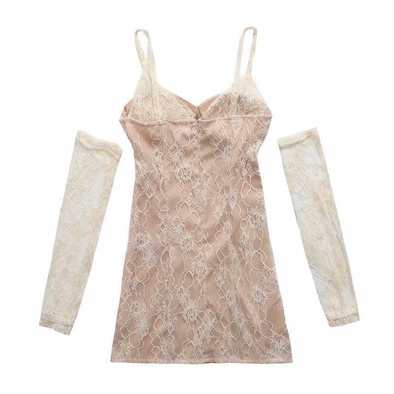 Summer Lace Dress Women Separate sleeves Vintage Elegant Chic Lady Corset Short Dress Women 210709